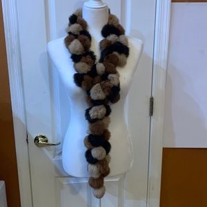 Brown Real Rabbit Fur Pom Pom Block Scarf